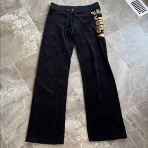Juicy. Couture Black Velvet  Velour Pants with Gold Juicy logo oversized XS
